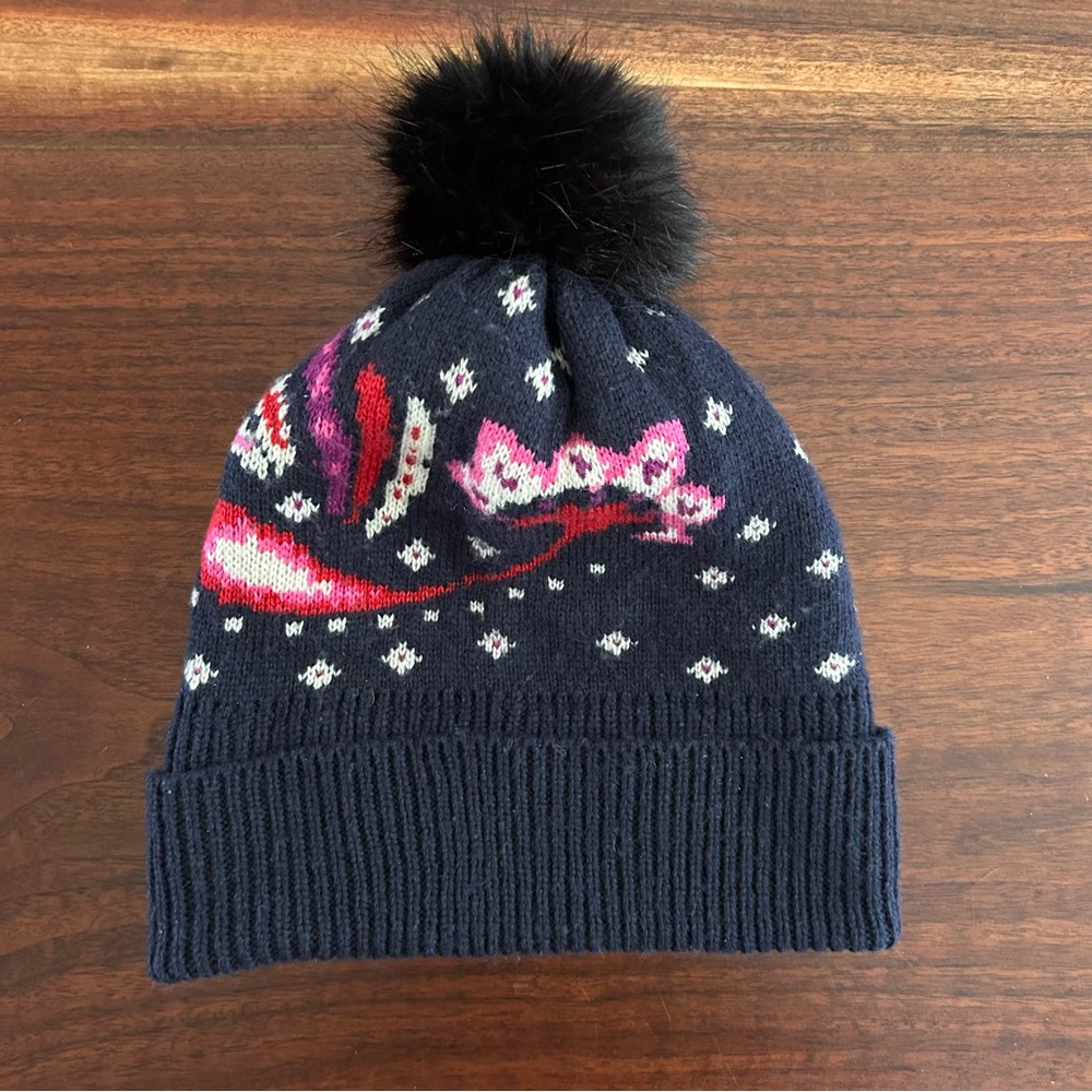 Vera Bradley Cozy Hat Navy Painted Paisley Faux Fur Pom Pom NWT